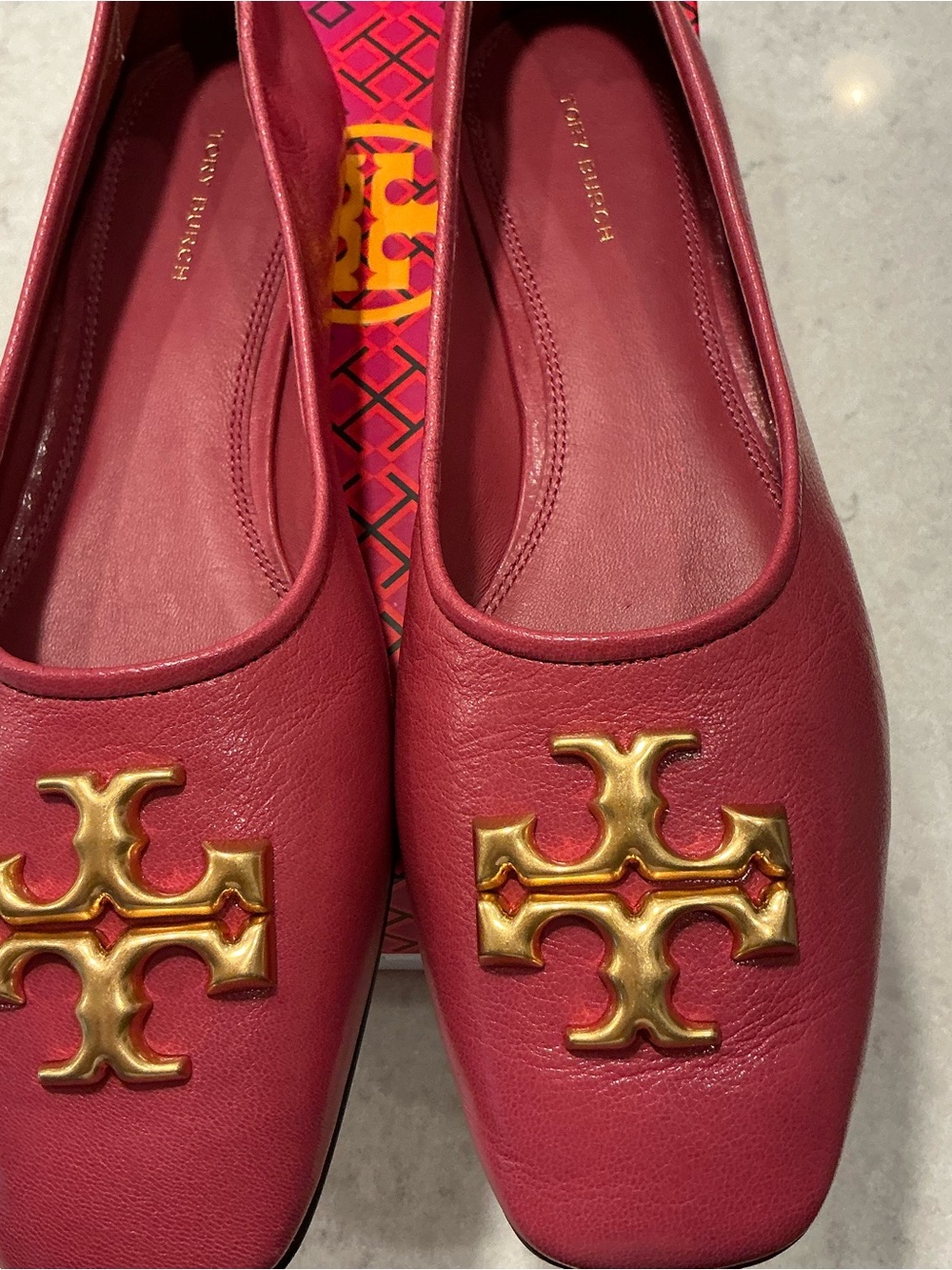 Tory Burch Burgundy Leather Ballet Flats with Gold Logo